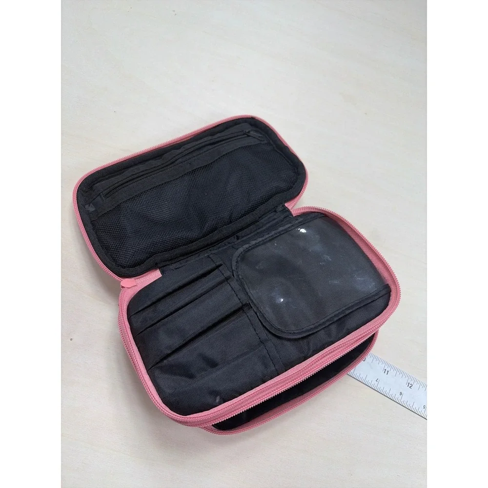 Pink Patent Double Layer Makeup Bag Travel Cosmetic Case with Gold Bow Accent